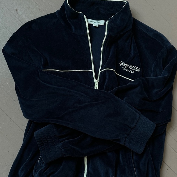 Sporty & Rich Script Cotton Velour Track Jacket - Navy Blue/Cream M - Picture 8 of 8